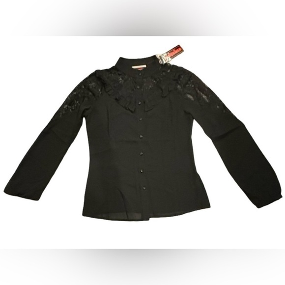 Jawbreaker Goth Black Lace Long Sleeve Blouse with lace print skulls. - Picture 10 of 10